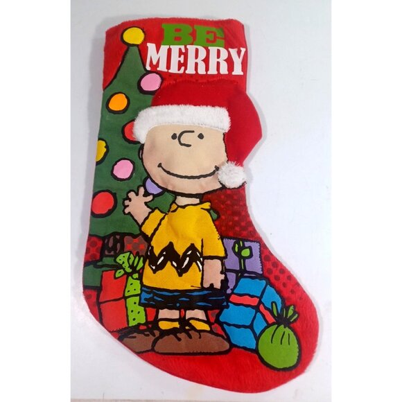 Peanuts Charlie Brown 2015 Christmas Stocking Be Merry 17" x 7" Kurt Adler Fur - Picture 1 of 5
